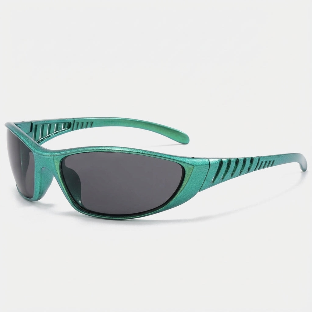 Close-up of VUE sunglasses geometric frame edges