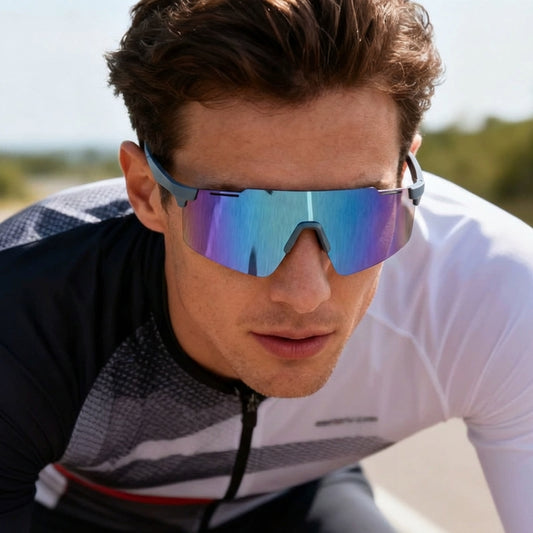 VUE Panorama rimless sports sunglasses front view on neutral background